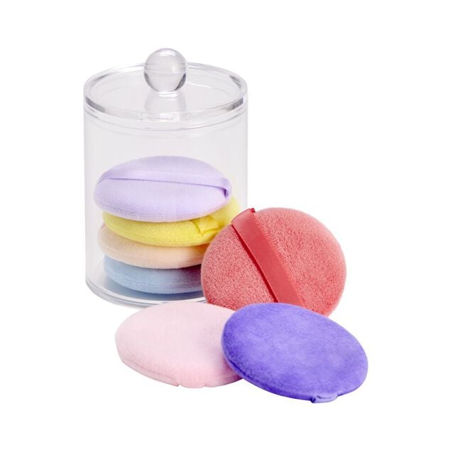 Bo&icirc;te rangement cosm&eacute;tique ronde avec 7 &eacute;ponges d&eacute;maquillantes multicolores &Oslash;7xH9cm