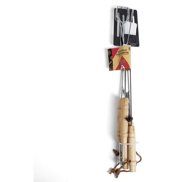 Lot de 4 ustensiles barbecue en acier chrom&eacute; et bois