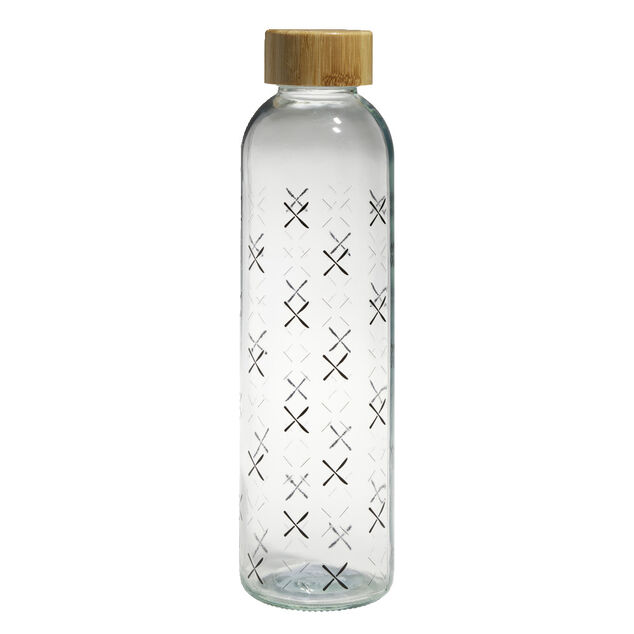 Bouteille verre transparent &agrave; motif noir avec bouchon en bambou 730ml