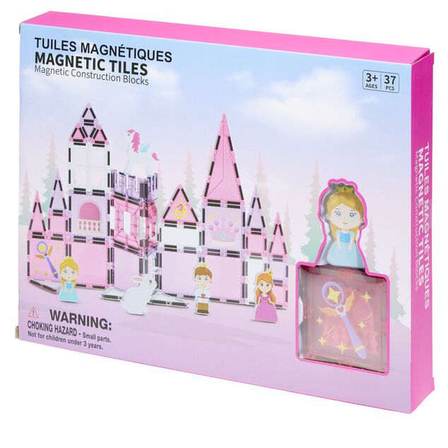 Jeu construction enfant fille tuiles magn&eacute;tiques x37 th&egrave;me princesse rose