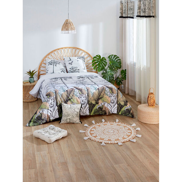 Tapis rond &agrave; franges jute naturel motif rosace blanc