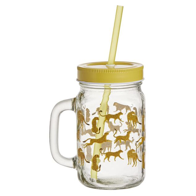 Gobelet en verre imprim&eacute; avec poign&eacute;e paille et couvercle 480ml