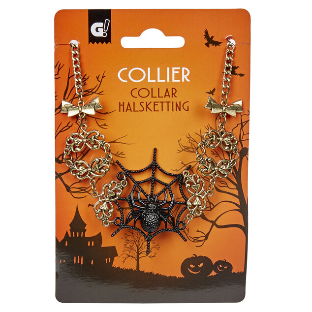 Collier araign&eacute;e Halloween m&eacute;tal noir dor&eacute;