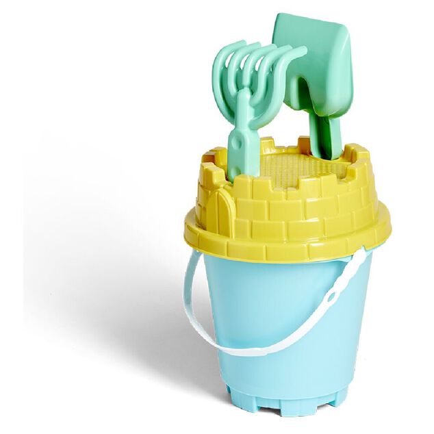Seau de plage avec pelle r&acirc;teau tamis en plastique vert