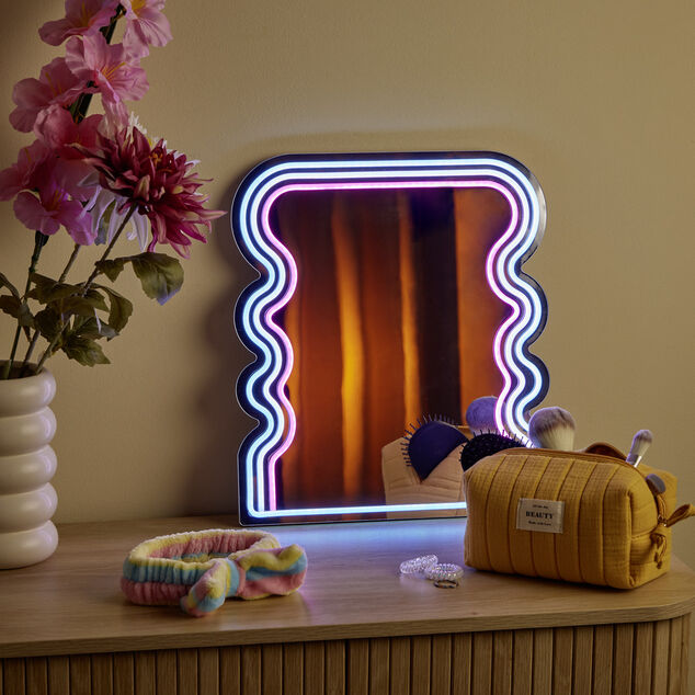Miroir néon forme vague bleu blanc rose 35x40cm