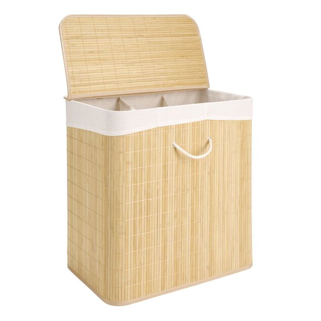 Coffre à linge 3 compartiments extérieur bambou doublure polyester beige 150L