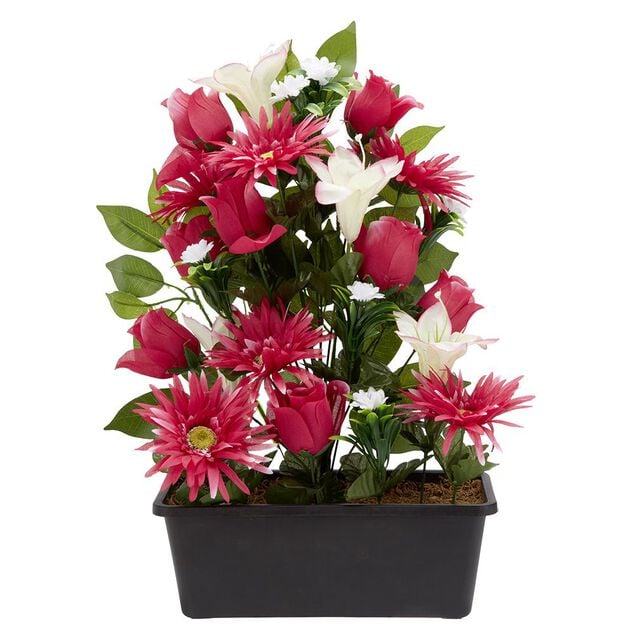 Jardini&egrave;re rose+lys+gerbera H48 cm - Fleur artificielle 28 t&ecirc;tes