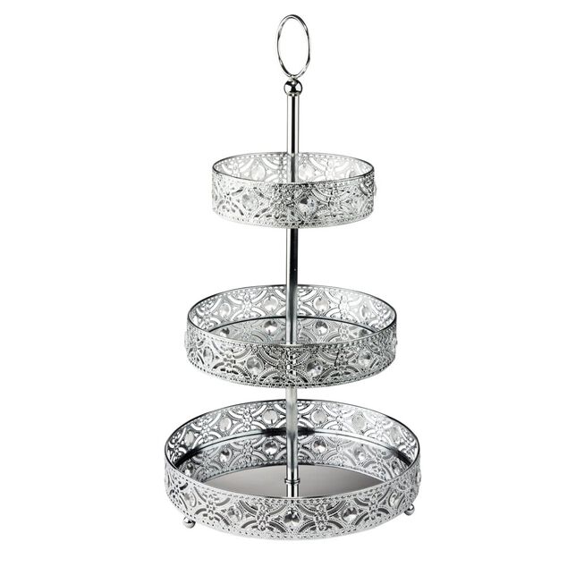 Plateau 3 niveaux arabesque m&eacute;tal argent&eacute; &Oslash;25xH46,5cm
