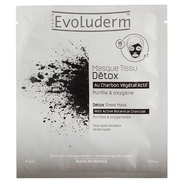 Masque tissu Evoluderm d&eacute;tox charbon v&eacute;g&eacute;tal