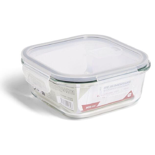 Boîte alimentaire carrée en verre avec couvercle étanche à clips 800ml