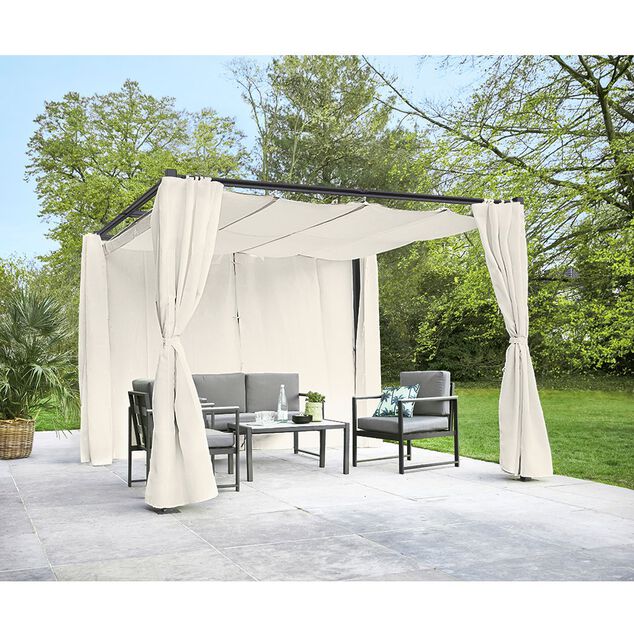 Tonnelle carr&eacute;e Rome toit r&eacute;tractable et rideaux &eacute;cru UPF50+ 285x285xH220cm 8,1m&sup2;