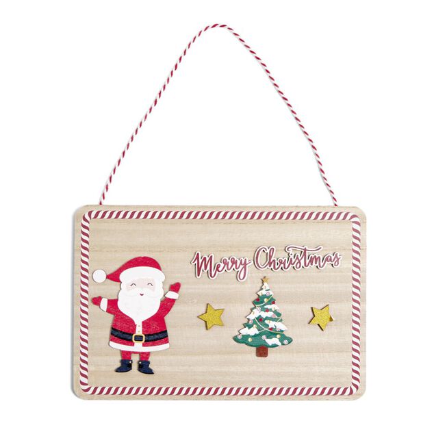 Pancarte en bois P&egrave;re No&euml;l Merry Christmas &agrave; suspendre 20x30cm