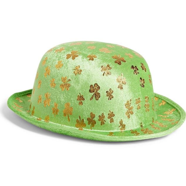 Chapeau Saint-Patrick taille adulte polyester vert avec tr&egrave;fles dor&eacute;s