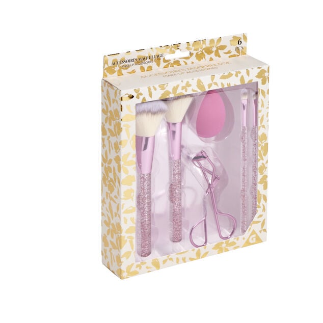 Kit accessoires maquillage 6 pi&egrave;ces beige ou rose - 2 coloris