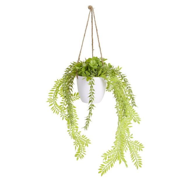 Plante verte artificielle &agrave; suspendre pot blanc &Oslash;11xH34cm - 2 mod&egrave;les