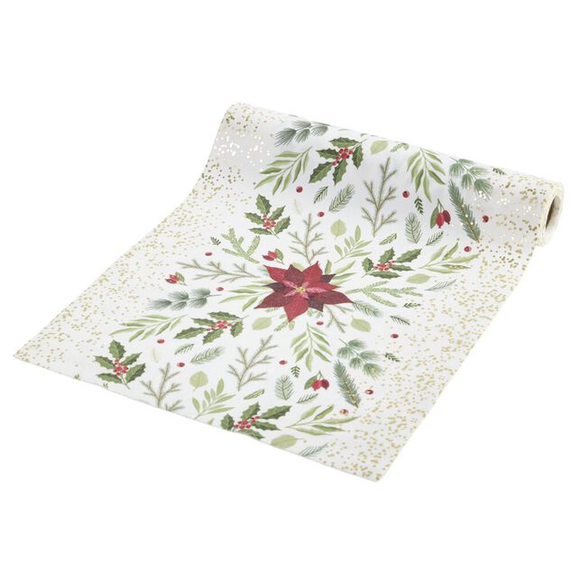 Chemin de table velours blanc et fleurs de No&euml;l 300x28cm