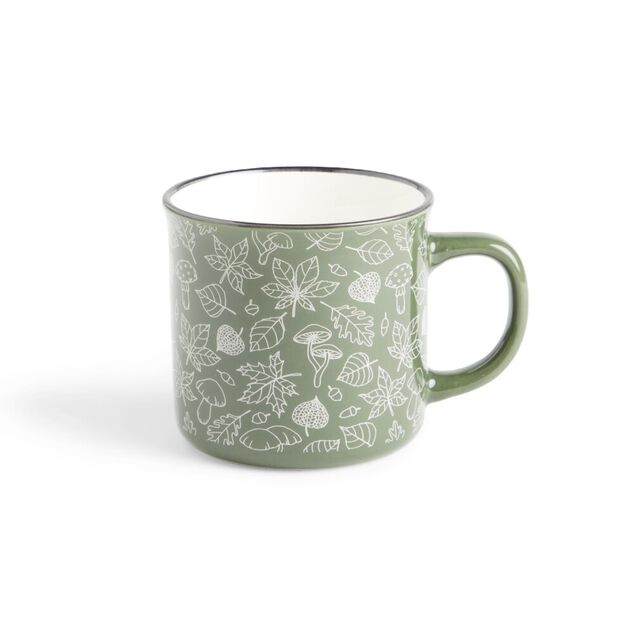 Mug d&eacute;cor feuille automne en porcelaine vert et blanc 320ml