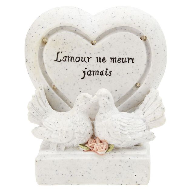 Coeur funéraire lumineux + colombe x2 en résine