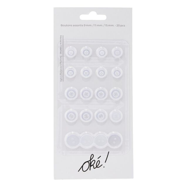 Bouton couture x20 plastique blanc transparent &Oslash;9/11/15mm