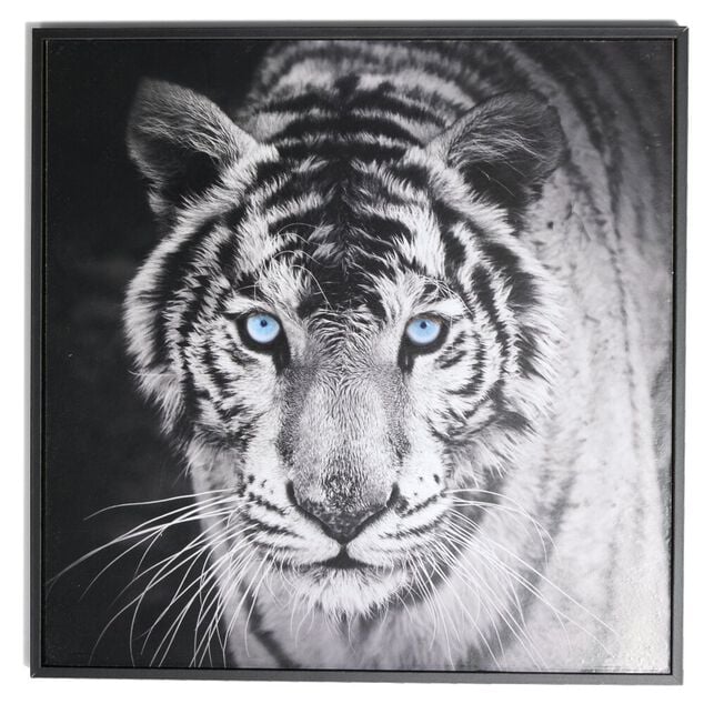 Cadre d&eacute;co en bois photo tigre blanc 30x30cm
