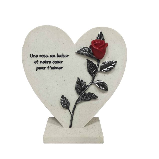 Plaque fun&eacute;raire forme coeur avec rose et message H23cm