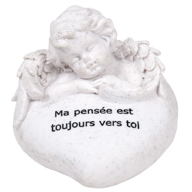 Statuette ange et coeur funéraire avec inscription pensée