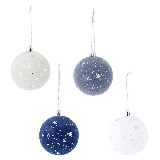 Boule de No&euml;l effet velours motif &eacute;toile bleu et blanc &Oslash;8cm x4