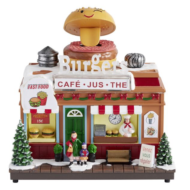 Village de No&euml;l anim&eacute; LED et son sc&egrave;ne restaurant 23x13,5xH20 cm