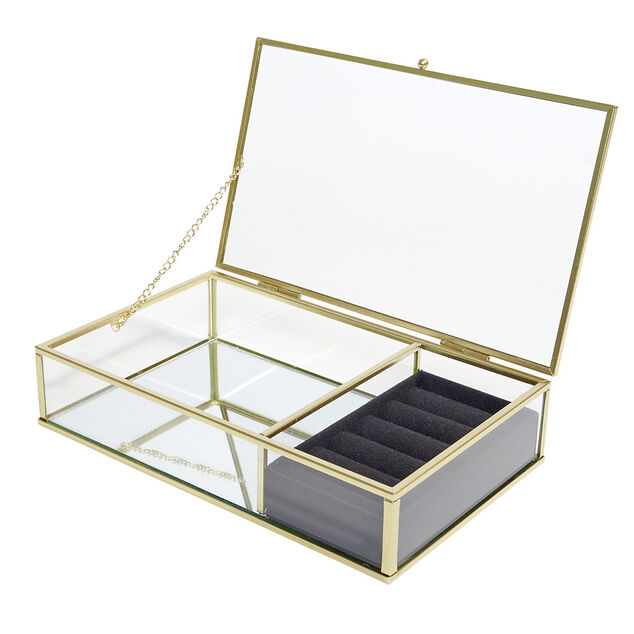 Boîte à bijoux métal et verre 23x14,5xH5cm (2 modèles doré ou noir)