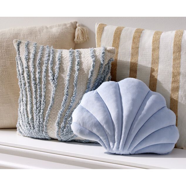 Coussin carr&eacute; coton beige tuft&eacute; bleu fa&ccedil;on algues 40x40cm