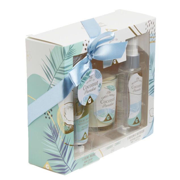 Coffret senteur avec bougie/cr&egrave;me mains/parfum d'int&eacute;rieur
