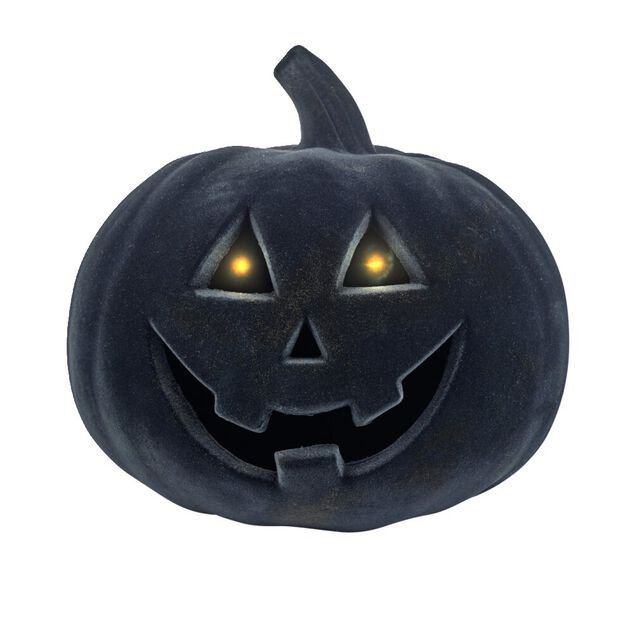 Citrouille Halloween LED floqu&eacute;e effet velours orange ou noire H21cm