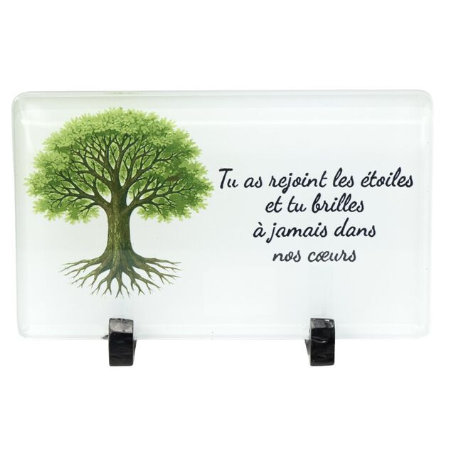 Plaque fun&eacute;raire inscription arbre de vie verre blanc pied m&eacute;tal 20x8,3xH12,5cm