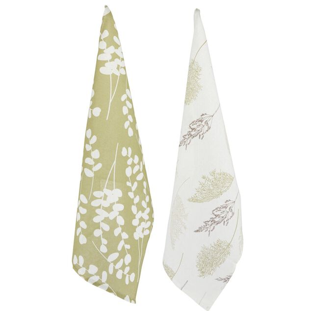 Torchon x2 coton motif v&eacute;g&eacute;tal blanc et vert sauge 45x65cm