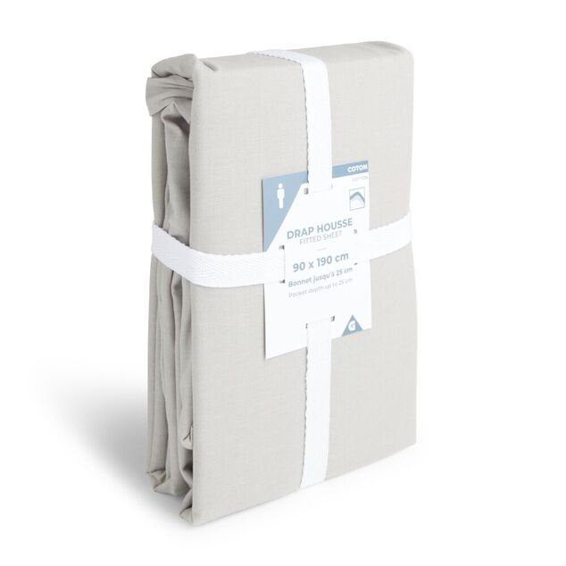 Drap housse 90x190cm 100% coton gris clair