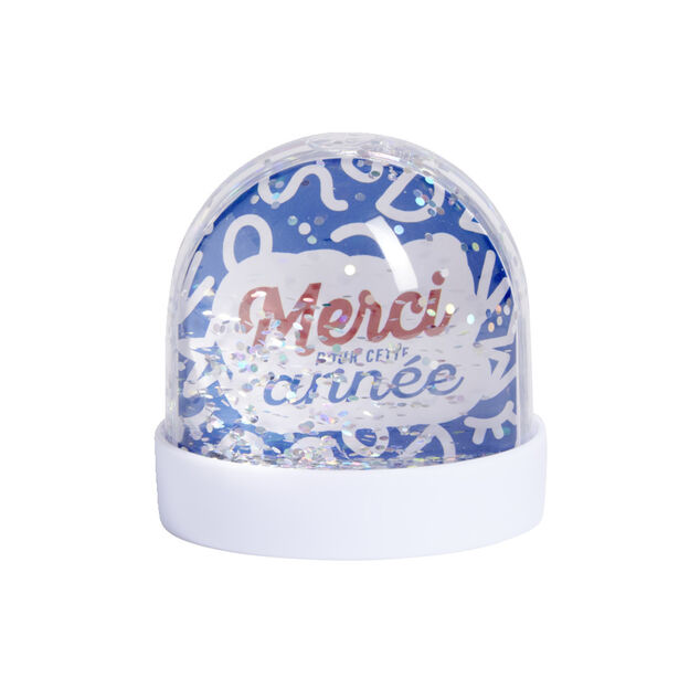 Boule &agrave; neige paillettes Merci pour cette ann&eacute;e bleu