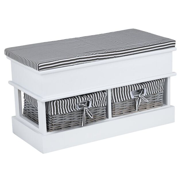 Banc de rangement bois blanc avec 2 pani&egrave;res osier et tissu ray&eacute; noir 70x35xH40cm