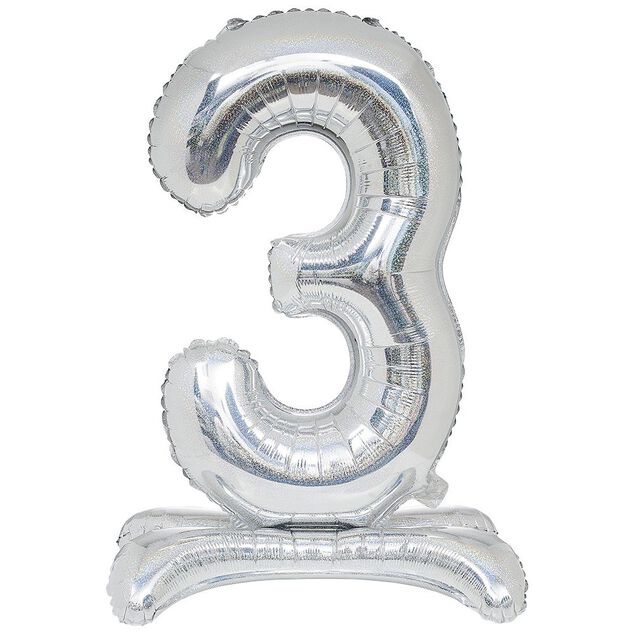 Ballon chiffre 3 doré ou argenté H80 cm avec support