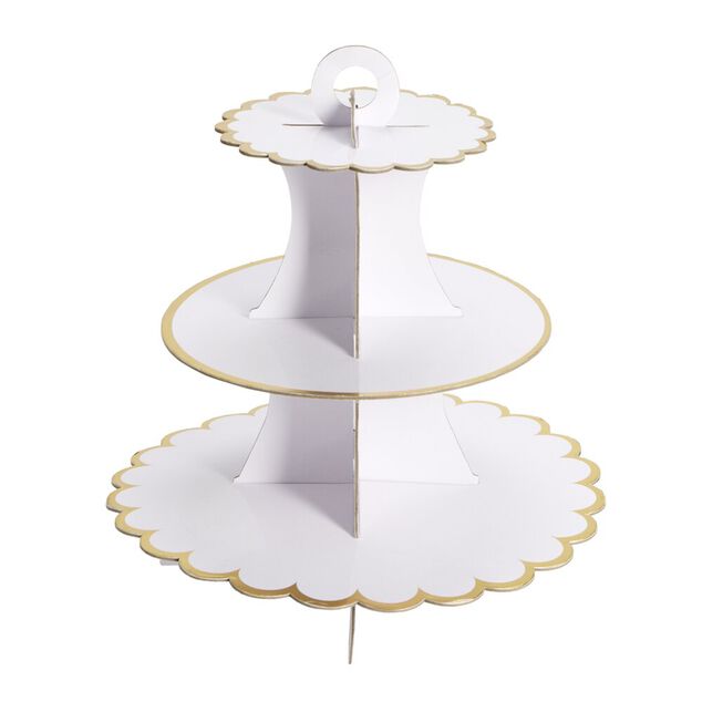 Pr&eacute;sentoir &agrave; g&acirc;teau carton blanc rebord dor&eacute; &Oslash;30xH32,5cm