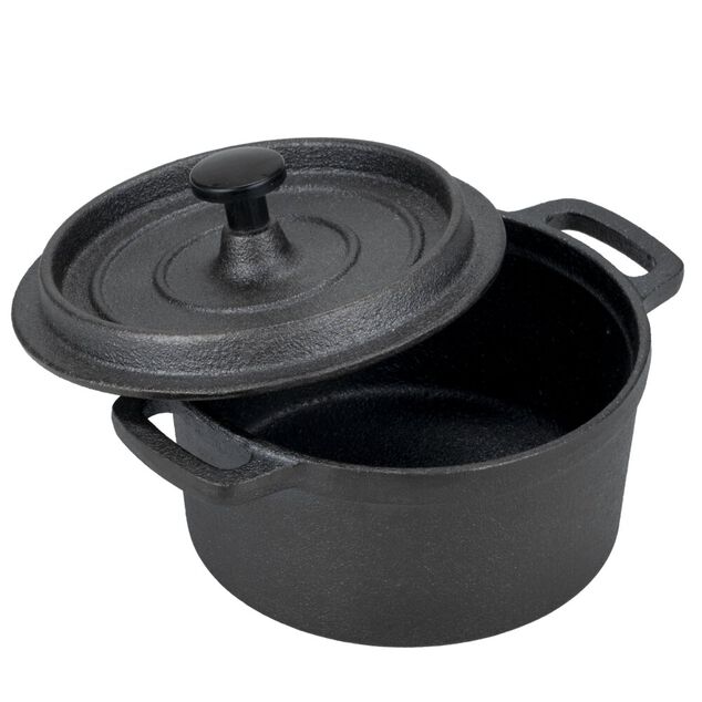 Mini cocotte en fonte avec support bambou L13X11X8 cm noir