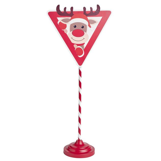 Pancarte de signalisation renne de No&euml;l m&eacute;tal rouge et blanc H59cm