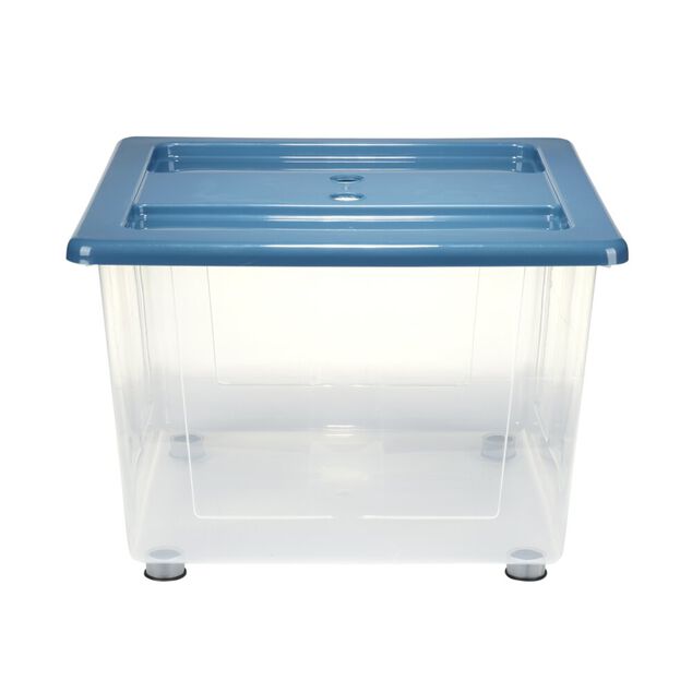 Box de rangement 30L x3 plastique transprent avec roulettes et couvercle gris et bleu