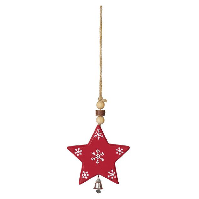 Suspension de Noël Étoile en bois motif traditionnel rouge blanc