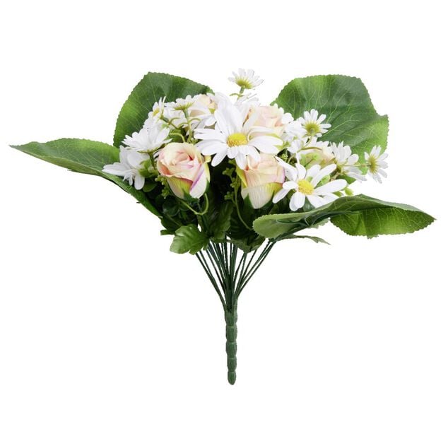 Bouquet fleurs artificielles marguerites et roses 24 t&ecirc;tes H38cm