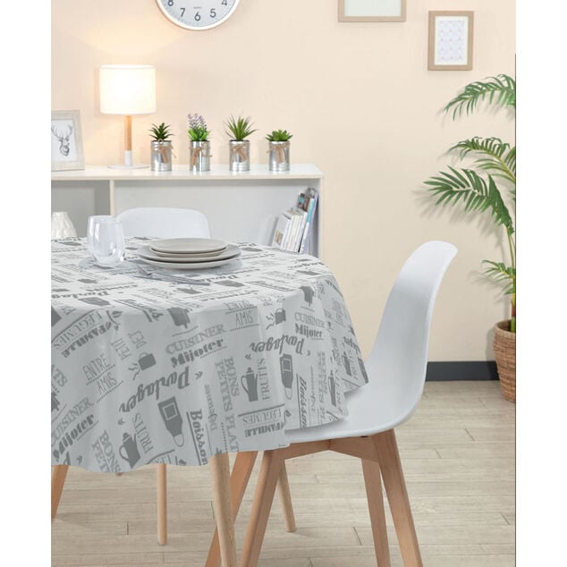 Nappe ronde toile cir&eacute;e blanche avec inscription grise