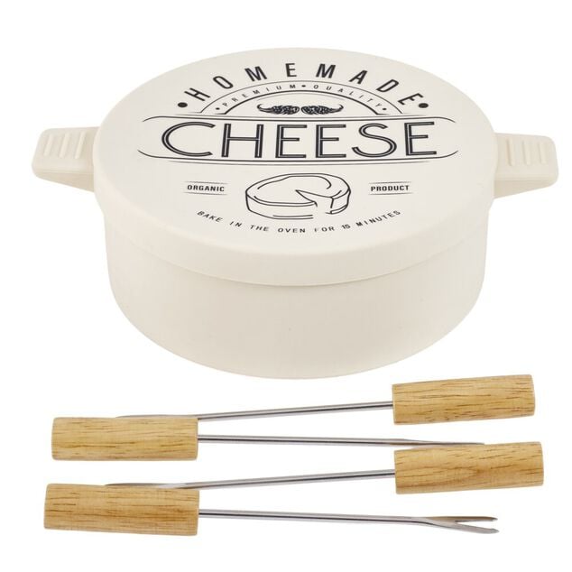 Bo&icirc;te de cuisson pour fromage en c&eacute;ramique avec pics bois et m&eacute;tal