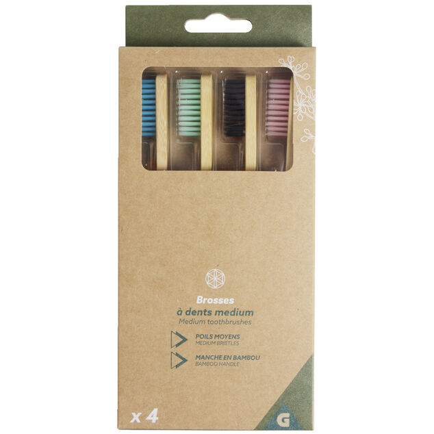 Lot de 4 brosses &agrave; dents medium poils nylon et manche bambou