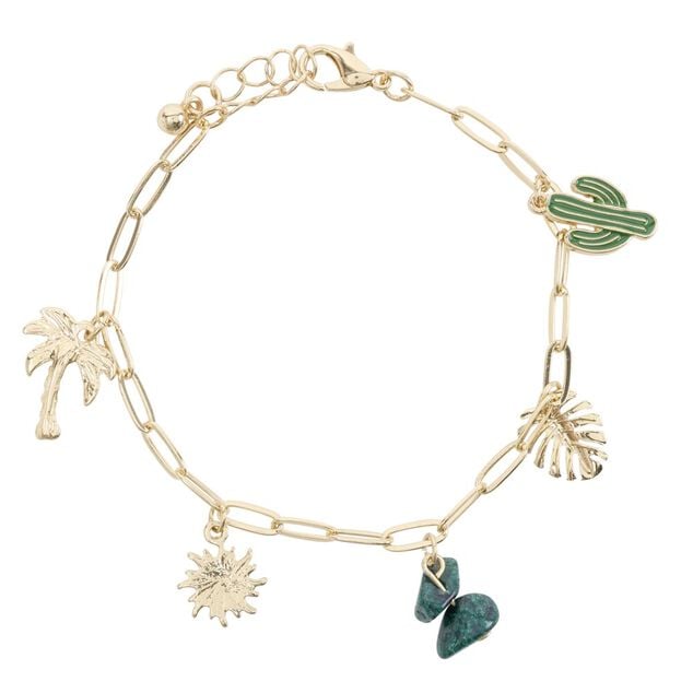 Bracelet cha&icirc;ne avec pampilles th&egrave;me plage m&eacute;tal dor&eacute; L10cm