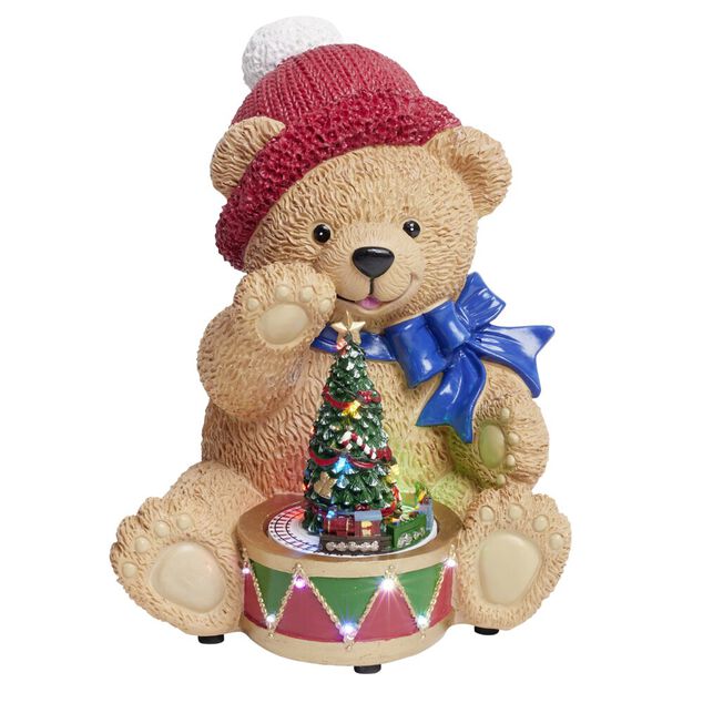 Ourson assis avec sapin de No&euml;l lumineux anim&eacute; sonore polyr&eacute;sine 26x26xH34,5cm