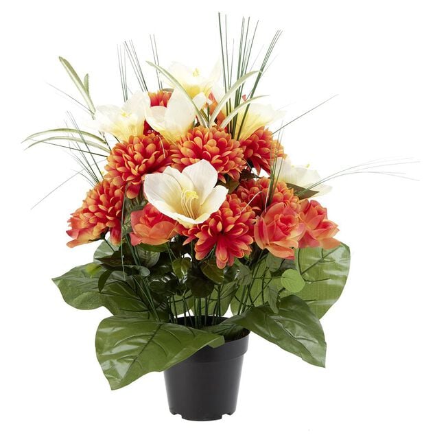 Pot chrysanth&egrave;me+rose+lys H58 cm orange - Fleur artificielle 36 t&ecirc;tes